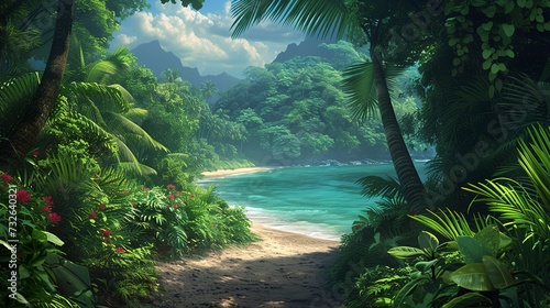 Lush tropical foliage leading to a hidden beach, a secret paradise discovered at the end of a jungle path  photo
