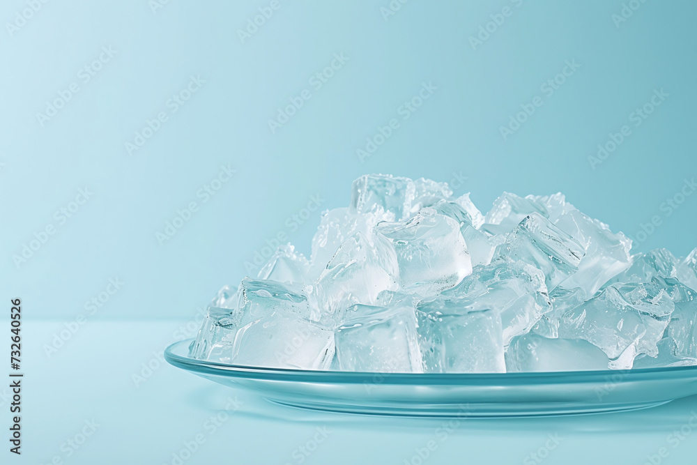 Ice cubes close-up on blue background, ice for drinks