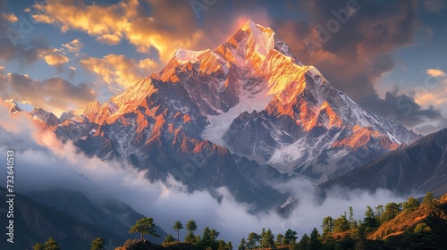 Majestic sunrise over the Himalayas, light casting golden hues on snow-capped peaks, serene and untouched wilderness  #732640513