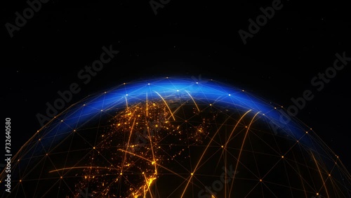 Visualization concept of Earth sunrise from space, focus on North America, the USA. Network of lights, dynamic lines of connection signify trade paths, data transfer routes, and travel locations. photo