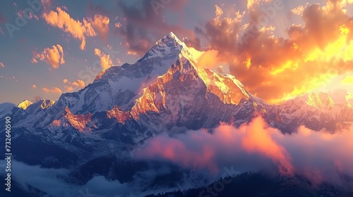 Majestic sunrise over the Himalayas, light casting golden hues on snow-capped peaks, serene and untouched wilderness
