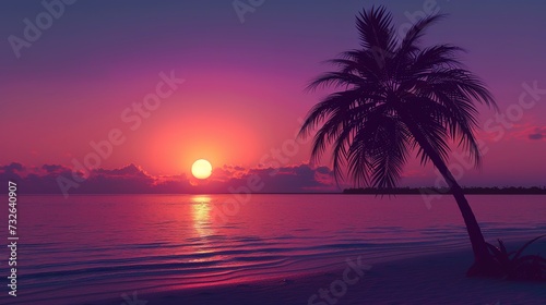 Minimalist beach sunset, a simple horizon line with a gradient of purple to orange, a silhouette of a single palm tree