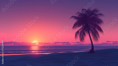 Minimalist beach sunset, a simple horizon line with a gradient of purple to orange, a silhouette of a single palm tree 
