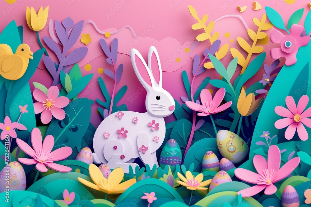 Obraz premium Easter illustration, cute cute rabbit with Easter eggs in children's paper cut style, colorful bright banner