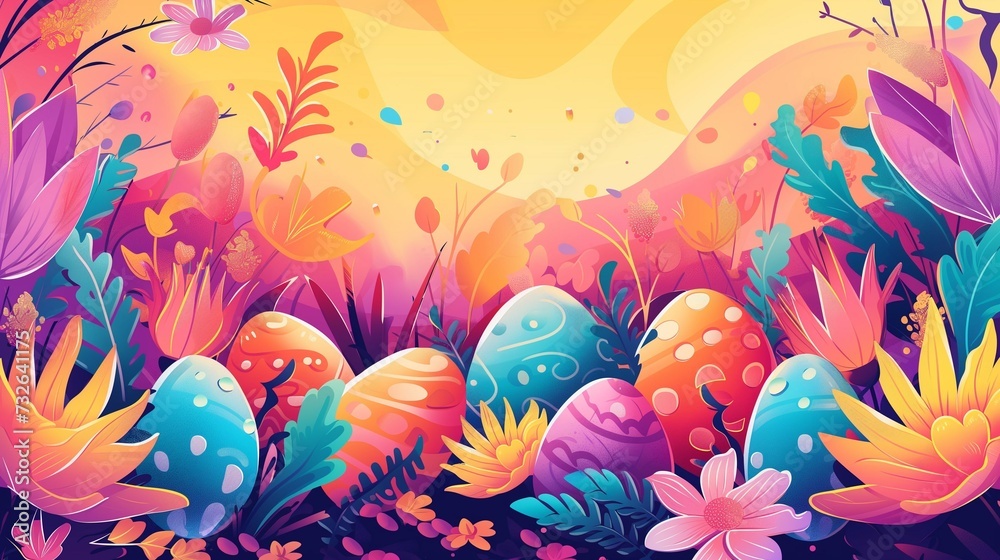 Easter illustration, with Easter eggs, colorful bright banner with empty space for text
