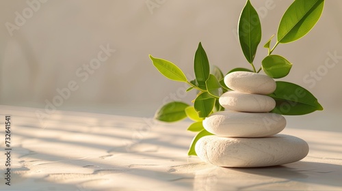 Spiritual Harmony: An artful depiction of zen wellness with a stack stone arrangement and a vibrant green plant, promoting spiritual balance and tranquility