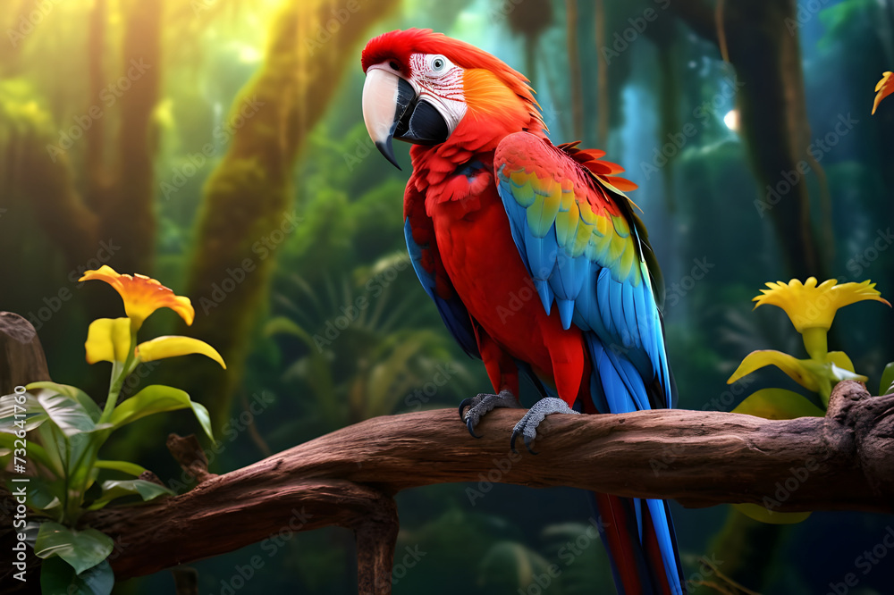 Colorful macaw parrot sitting on a branch in the jungle - Ai Generated