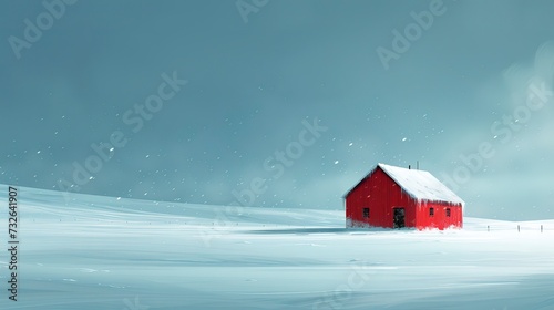 Minimalist snowy landscape, a single red cabin stands out against endless fields of white, the essence of winter isolation  © Thanthara