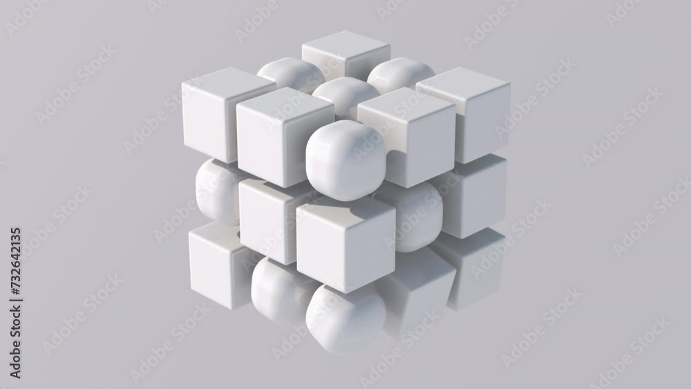 Group of white cubes and spheres rotating and morphing. White background. Abstract animation, 3d render.