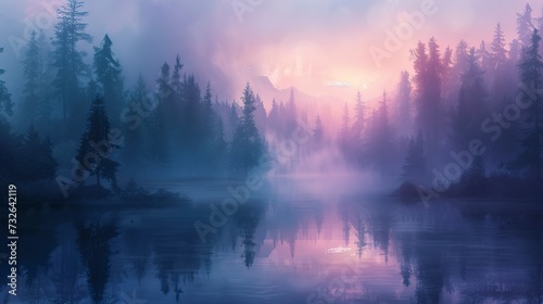 Mirror-like lake at dawn, reflecting the pastel colors of the sky, surrounded by a dense, misty forest 