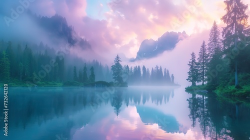 Mirror-like lake at dawn, reflecting the pastel colors of the sky, surrounded by a dense, misty forest 