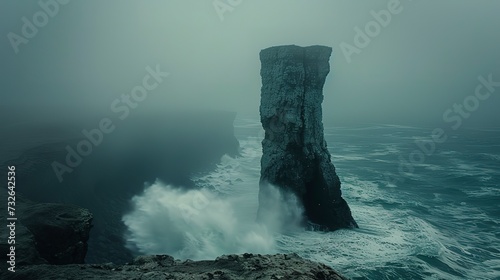 Moody atmosphere at a coastal sea stack, waves crashing against the base, a testament to the power of erosion