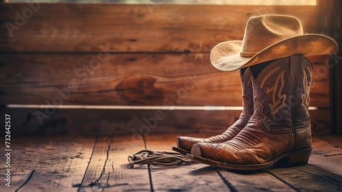 Vintage style wild west retro cowboy hat and pair of old leather boots on wooden floor. photo