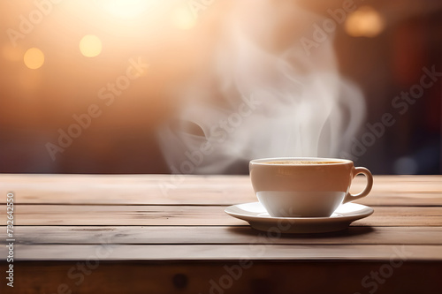 Coffee cup on wooden table in coffee shop - Ai Generated