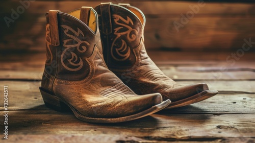Vintage style wild west retro cowboy hat and pair of old leather boots on wooden floor.