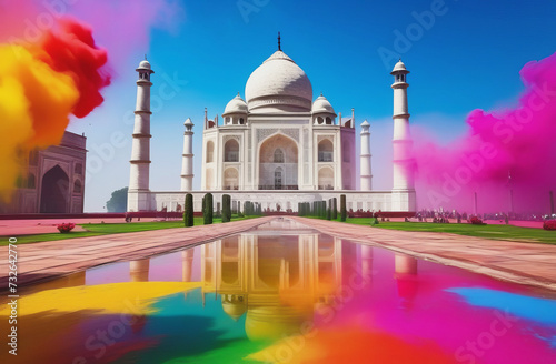 Holi festival of colors in India, Taj Mahal, colorful dry paints in the air, bottom up view