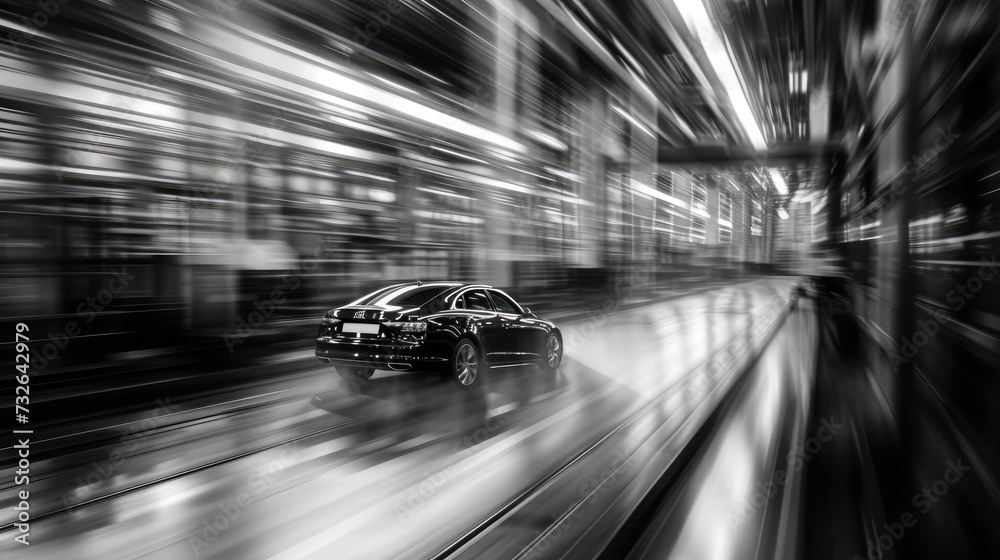 A dynamic black and white blur captures the speed and precision of car manufacturing in a cutting-edge factory