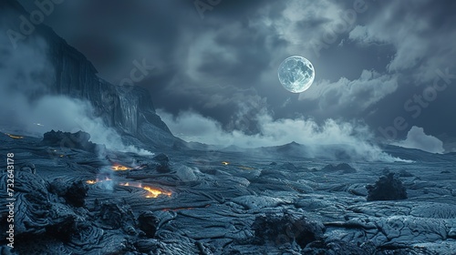 Moonlit volcanic landscape, the moon casting a silver glow on hardened lava fields, creating a scene of eerie beauty 