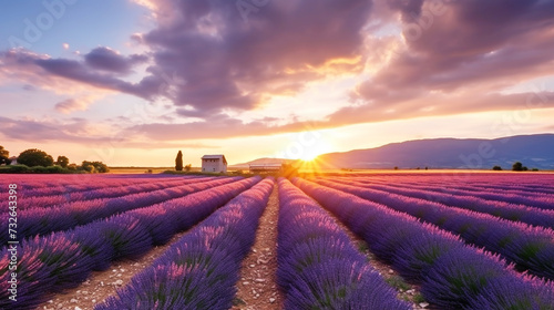 Beautiful lavender field with sunset view