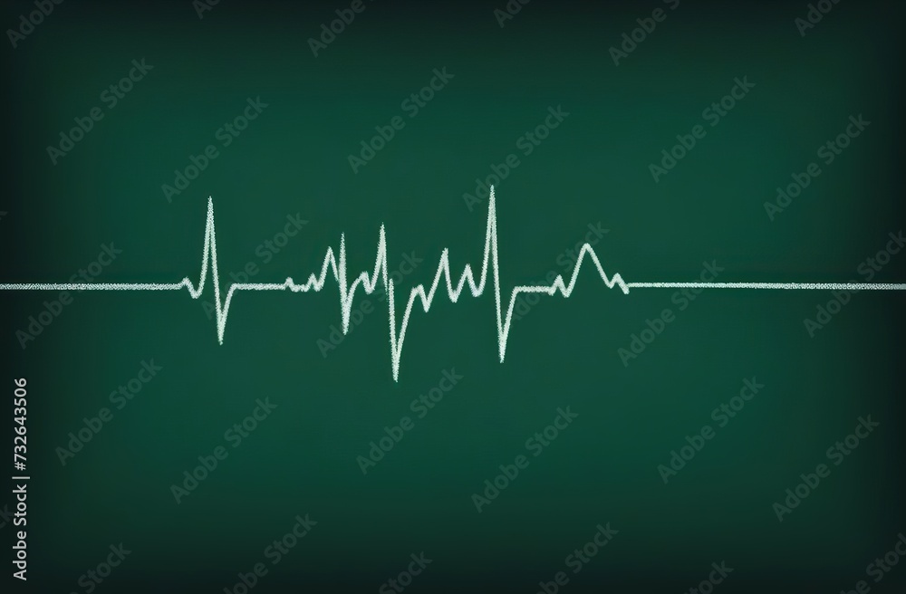 cardiogram line with a heart in the middle of the line drawn in chalk on a uniform dark green background