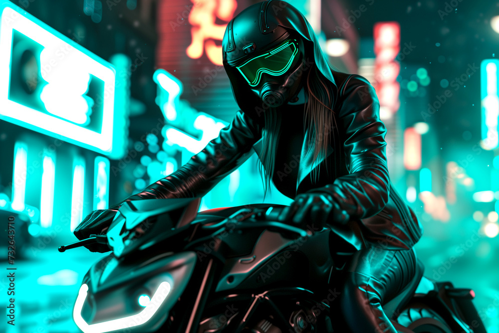 A cyberpunk girl rides around the city on a motorcycle, Motorcycle on the road. driving around the city, Motion Effect. Neon city
