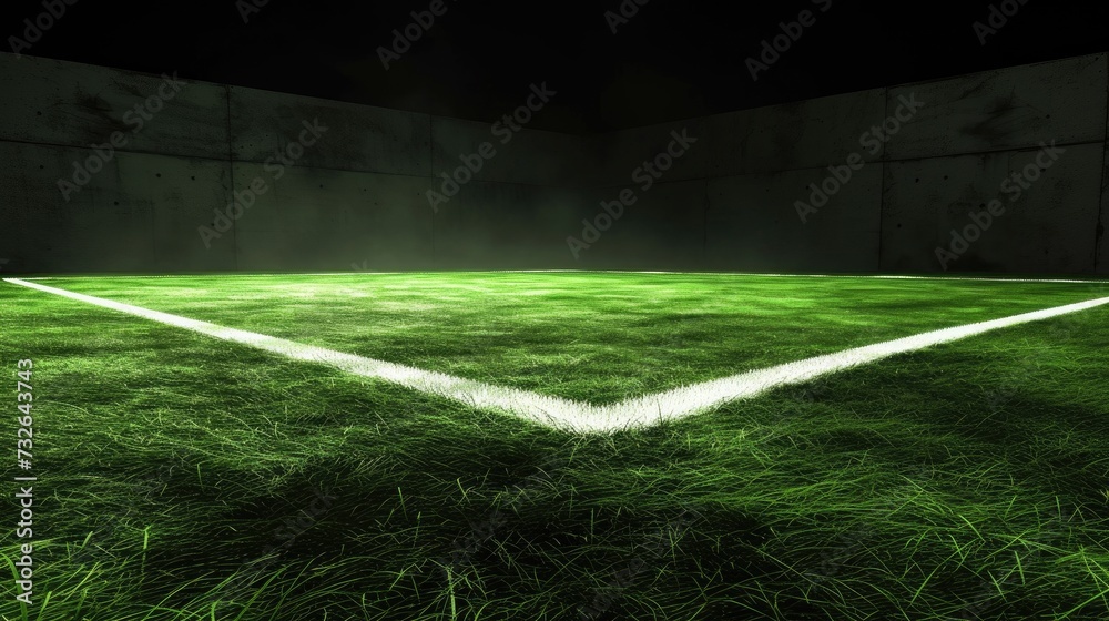 Vibrant green artificial grass football field, emphasizing the sports atmosphere with a focus on the corner line