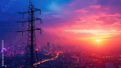 Electric pole in an industrial cityscape backdrop, capturing the essence of energy business and urban development
