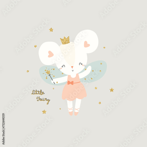 cute fairy mouse vector print illustration for children's design. For postcards, posters, prints, etc.
