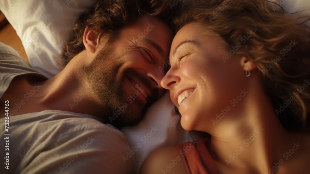 Happy Couple Relaxing in Bed Generative AI