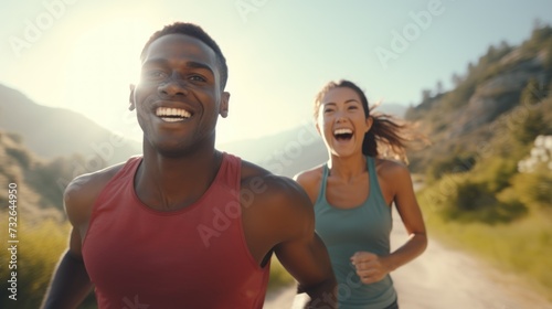 Couple running together for workout and cardio performance Generative AI