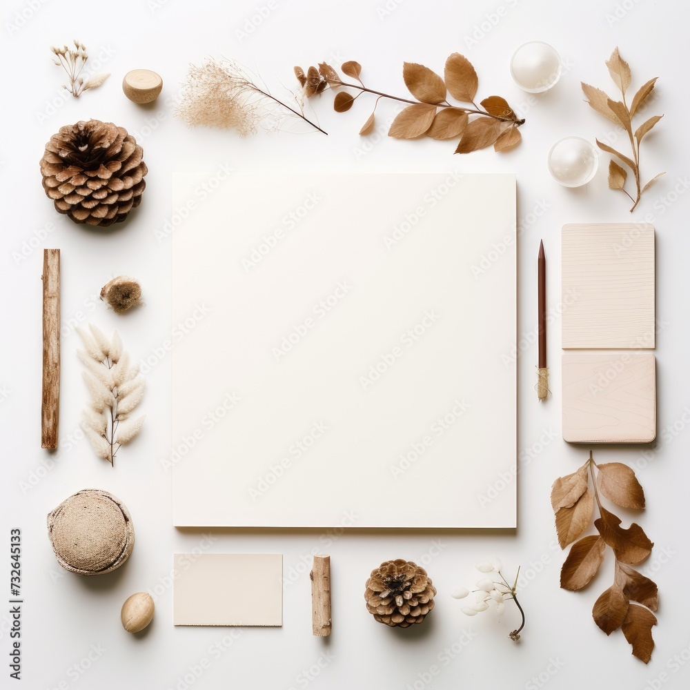 Flat lay composition with blank paper, autumn leaves, pine cones, pencils on white background