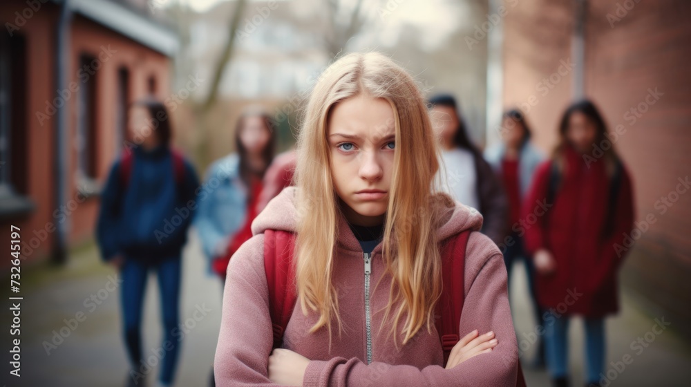 Female teenager suffering from depression and stress from school bullying, social anxiety, or harassment from classmates Generative AI