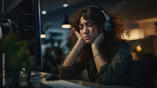 Stressed and Overworked Woman at Call Center Generative AI