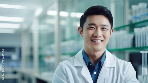 Asian Man in Laboratory: A Scientist at Work in the Medical Field Generative AI