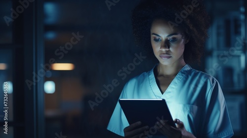 Portrait of a Tablet-Using Nurse Engaged in Telehealth Research Generative AI