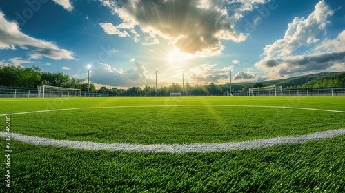 Soccer season vibes: White circle line on a green grass soccer field with a sunny summer light background