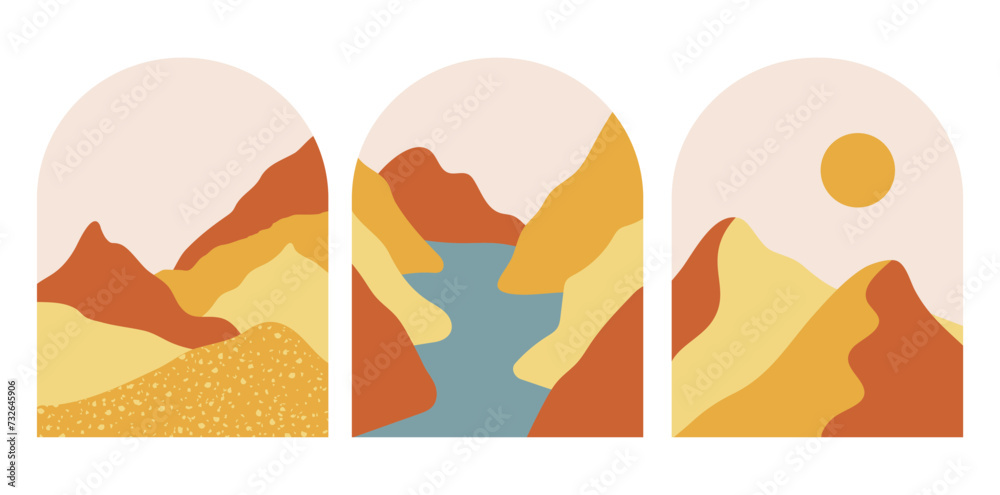 Set of boho mountains landscapes with blue river in the mid century arche. Modern terracotta and yellow vector illustration.
