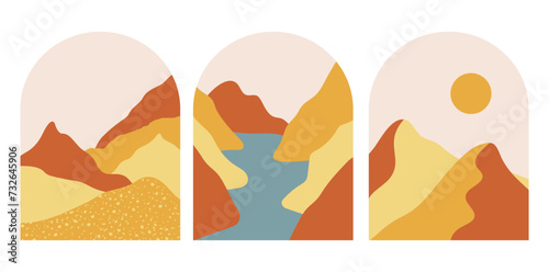 Set of boho mountains landscapes with blue river in the mid century arche. Modern terracotta and yellow vector illustration.