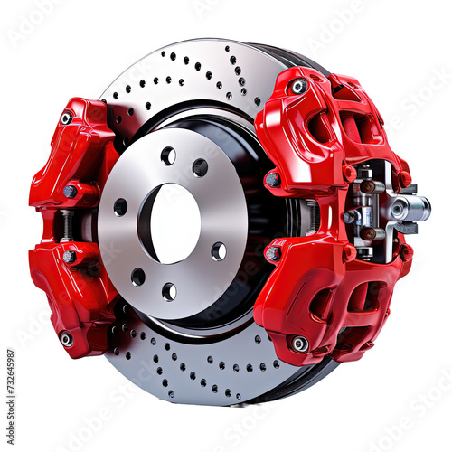 Car brake disc and red calipers on white or transparent background