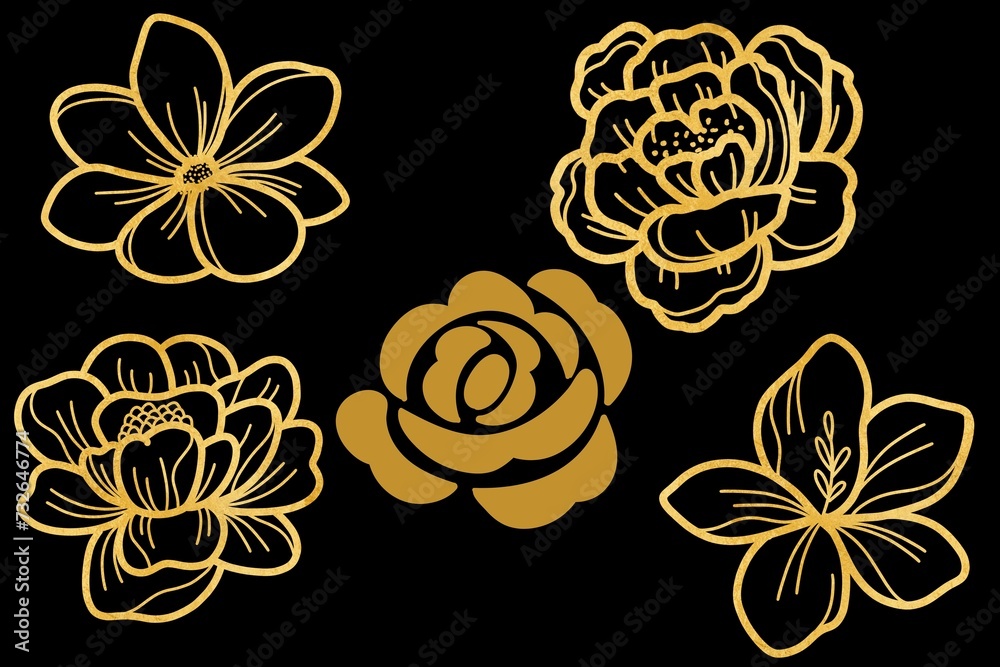 Floral design, vector illustration set hand drawn. Golden gradient garden roses flowers and leaves, elegant bouquet isolated on black background.