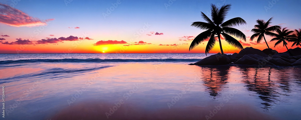 Seascape panorama with palm trees at sunset. Generative AI.