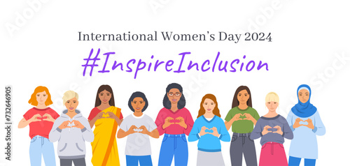 Inspire inclusion campaign pose. International Women's Day 2024 theme banner. Smiling diverse women make heart symbol with hands to stop discrimination and stereotypes. Gender equal inclusive world