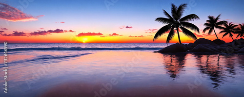 Seascape panorama with palm trees at sunset. Generative AI. © Olga Khoroshunova