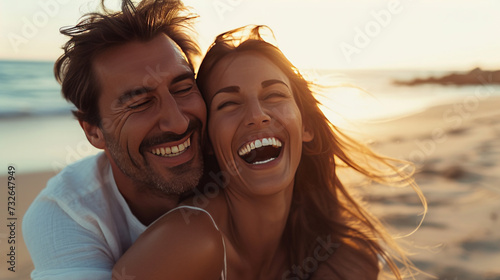 a couple in love laugh loudly against the background of the sea © PD