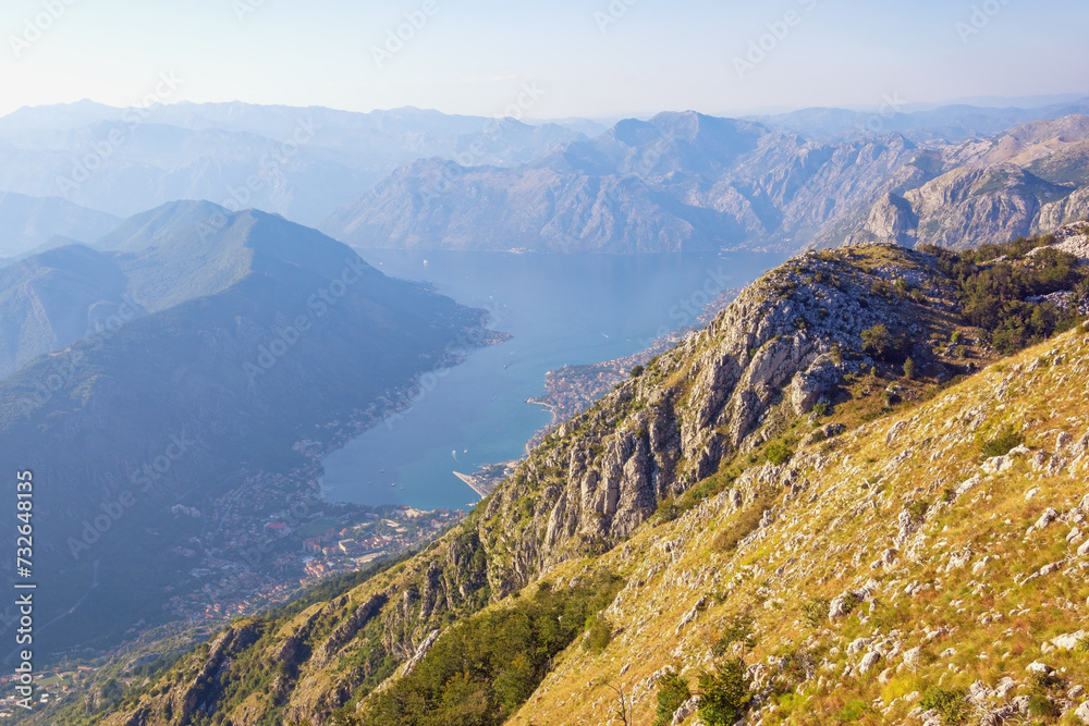 Beautiful  mountain landscape.  Montenegro, view of Bay of Kotor, Vrmac mountain, Kotor city