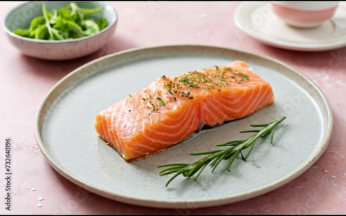 slices of fresh salmon in a pink plate on a pink table, ready to cook