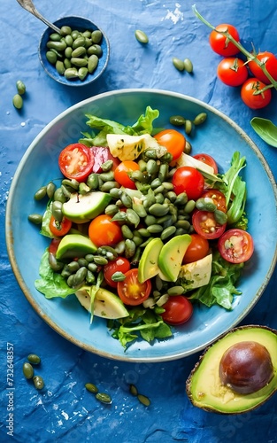 summer salad with ripe tomatoes and avocado with capers in a blue plate on the table