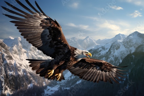 White-tailed eagle flying in the blue sky. 3d rendering