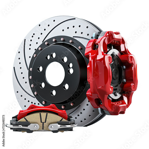 Car brake disc and red calipers on white or transparent background