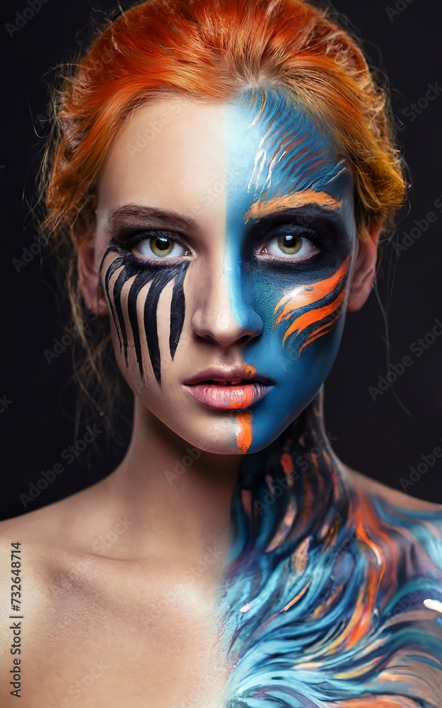 Woman with blue and orange face paint Two different characters